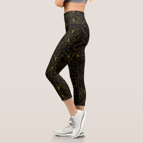 Black Yellow Floral Swirls High Waisted Capris