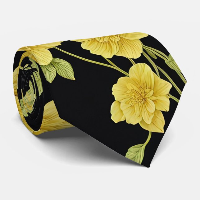 Black Yellow Flowers Gold Green Wedding Neck Tie (Rolled)