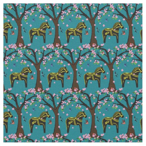Black/yellow Folk Dala horse/Folk birds/flowers Fabric