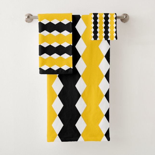 Black & Yellow Geometric Funky Modern Pattern Bath Towel Set (Insitu)