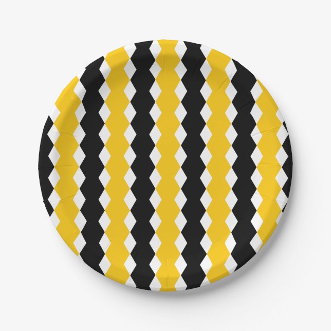 Black & Yellow Geometric Funky Modern Pattern Paper Plates (Front)