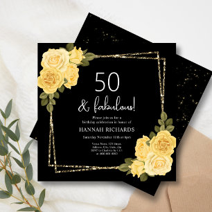 Black Yellow & Gold Floral 50th Birthday Invitation