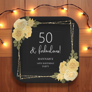 Black Yellow & Gold Floral 50th Birthday  Paper Plates