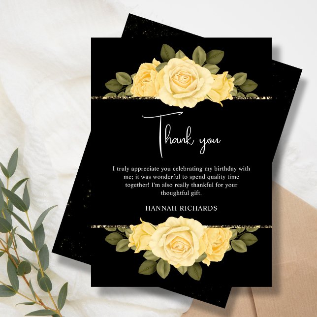 Black Yellow & Gold Floral Birthday  Thank You Card (Creator Uploaded)