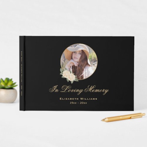 Black Yellow Gold Floral Memorial Funeral Photo Guest Book