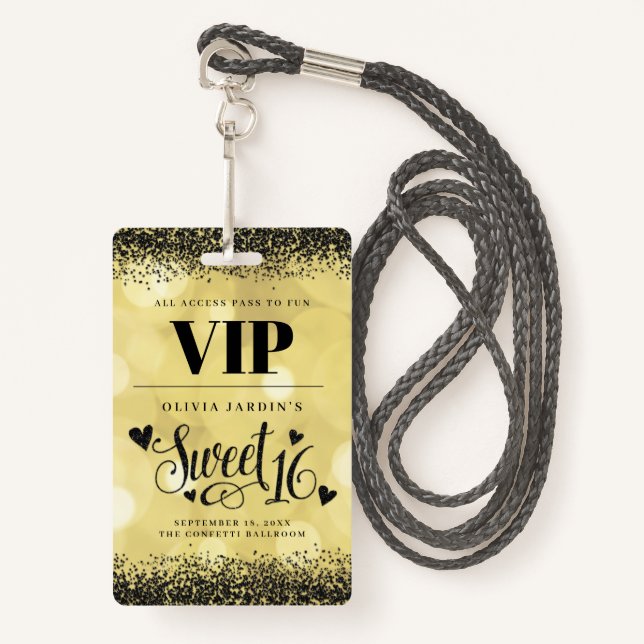 Black & Yellow Gold Glam Sweet 16 Badge (Front with Lanyard)