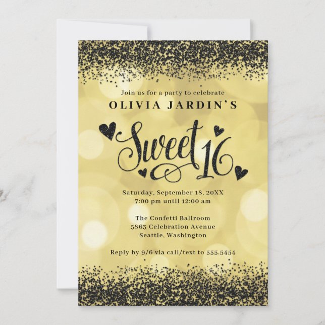 Black & Yellow Gold Glam Sweet 16 Invitation (Front)