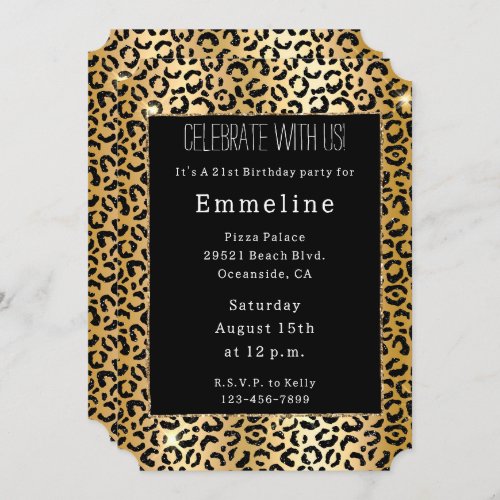 Black Yellow Gold Glitter Leopard  Invitation