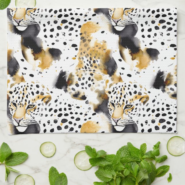 Black Yellow Gold Leopards Animal Print Kitchen Towel (Folded)