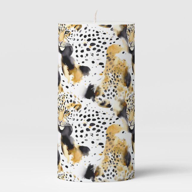 Black Yellow Gold Leopards Animal Print Pillar Candle (Front)