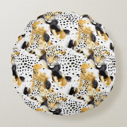 Black Yellow Gold Leopards Animal Print Round Pillow