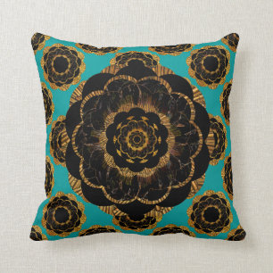 Black Yellow Gold Mandala Design - Aqua Throw Pillow
