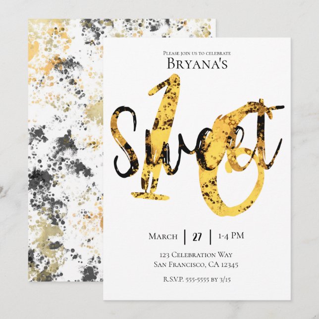 Black Yellow Gold Modern Sweet 16 Birthday Party Invitation (Front/Back)