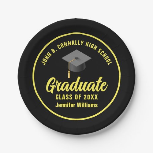 Black Yellow Graduate Custom 2024 Graduation Party Paper Plates