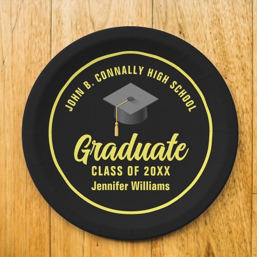 Black Yellow Graduate Custom 2024 Graduation Party Paper Plates