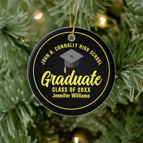 Black Yellow Graduate Custom Graduation Christmas Ceramic Ornament