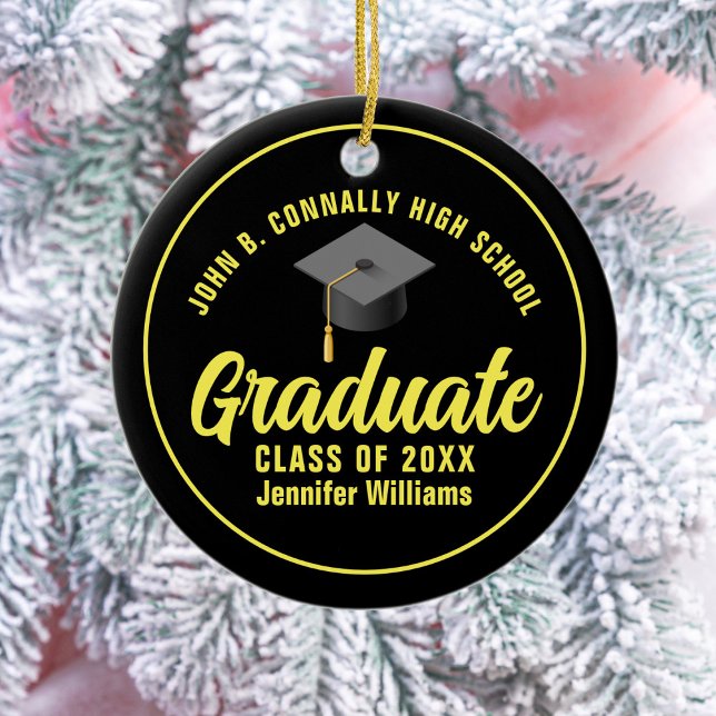 Black Yellow Graduate Custom Graduation Christmas Ceramic Ornament (Creator Uploaded)