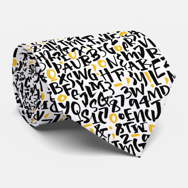 Black & Yellow Graffiti-Inspired Alphabet Necktie (Rolled)