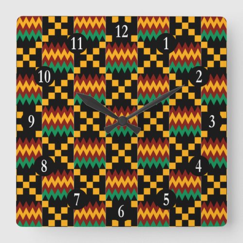 Black Yellow Green Red White Numbers Kente Cloth Square Wall Clock