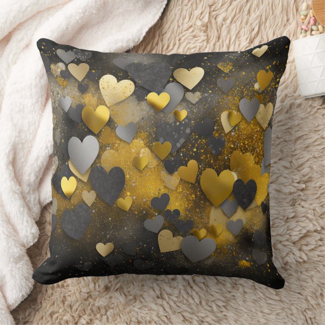 Black yellow grey glitter hearts throw pillow (Blanket)