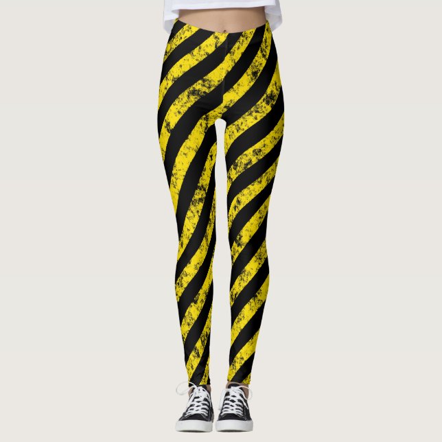 Black Yellow Grunge Caution Tape Stripes Pattern Leggings (Front)
