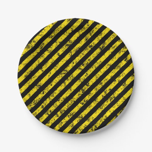 Black Yellow Grunge Caution Tape Stripes Pattern Paper Plates