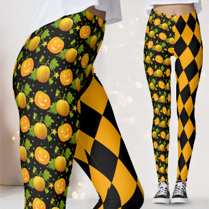 Black Yellow Harlequin Jack O Lantern Halloween Leggings