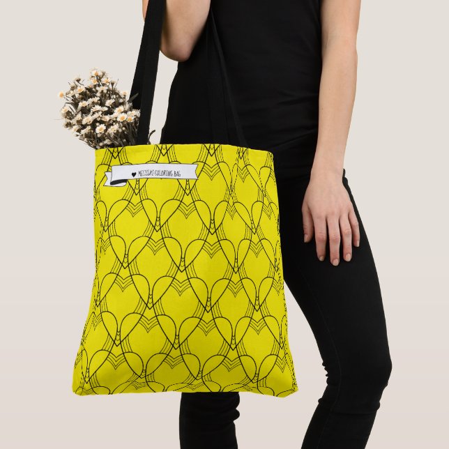 Black & Yellow Heart Pattern Coloring Go-Bag Tote (Close Up)