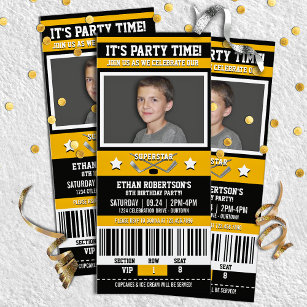 Black/Yellow Hockey Ticket Birthday Party Invitation