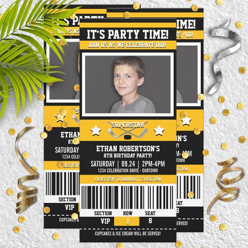 BlackYellow Hockey Ticket Birthday Party Invitation