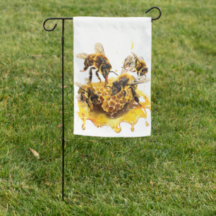 BLACK & YELLOW HONEYBEES WITH HONEYCOMB GARDEN FLAG