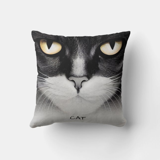 Black & Yellow Illustrated Cat Square Throw Pillow (Back)