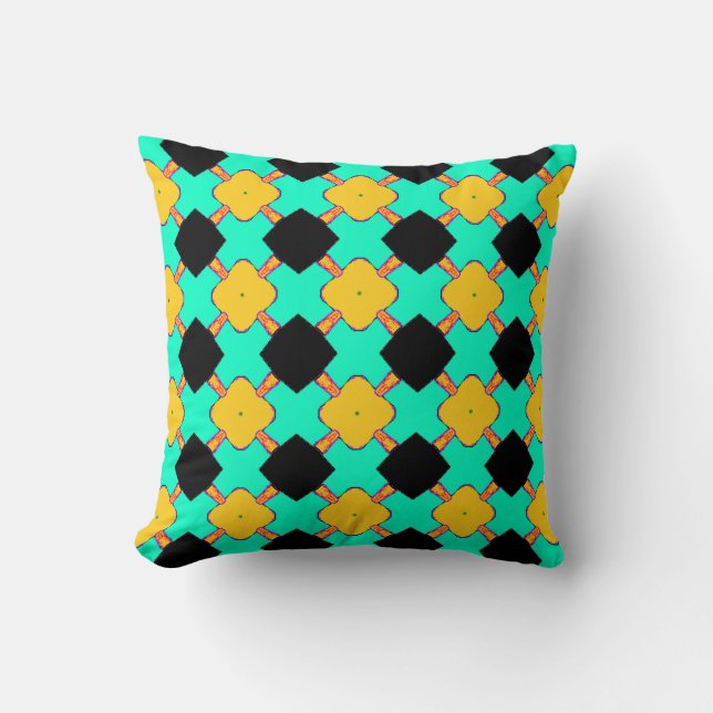 BLACK & YELLOW  LATTICE WITH AQUA, THROW PILLOW (Front)