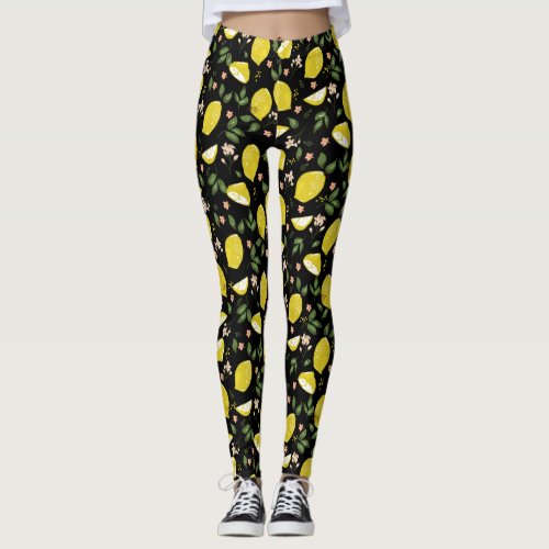 Black yellow lemon fruit bright summer patten leggings