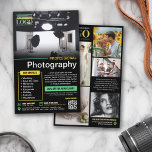 Black Yellow Mint Professional Photography Logo Flyer<br><div class="desc">Black marketing flyer for a professional photographer personalized with your photos, logos, contact information, custom text, and QR code. Add your work to this promo flyer for a professional photography business with bright yellow and mint green as accent colors. Add your specialties and offers and current discount promo. On the...</div>