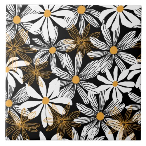 Black Yellow Modern Daisy Floral Abstract Pattern  Ceramic Tile