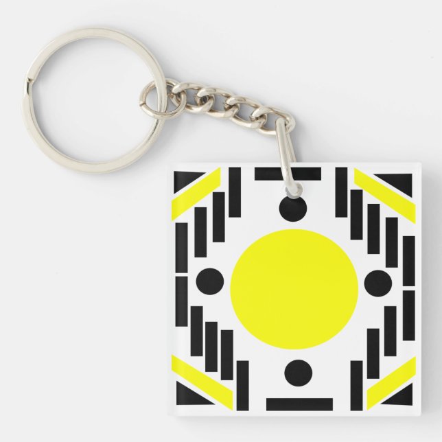 Black Yellow Modern Geometric Mandala Pattern Keychain (Front)