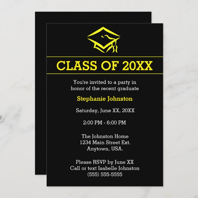 Black Yellow Mortarboard Simple Graduation Party Invitation (Front/Back)
