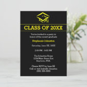 Black Yellow Mortarboard Simple Graduation Party Invitation (Standing Front)