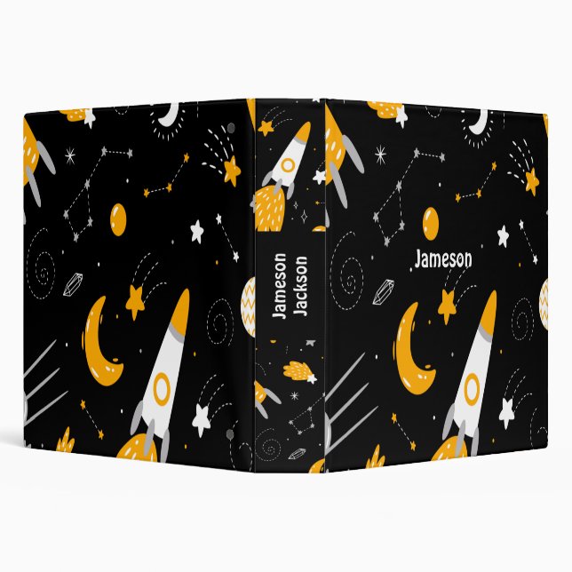 Black yellow Night Sky Outer Space Rocket 3 Ring Binder (Background)
