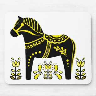 Black/yellow Nordic Folk Dala horse/Folk Friesian Mouse Pad