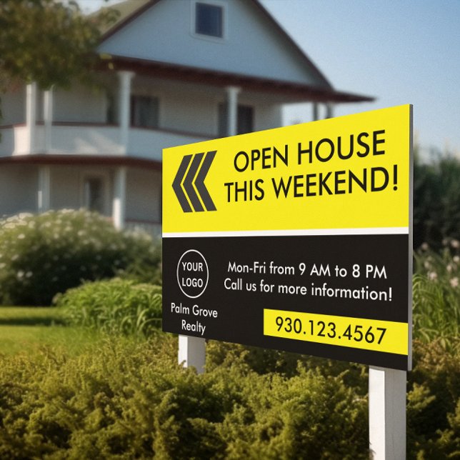 Black Yellow Open House Direction Real Estate Sign (black yellow real estate open house lawn sign)