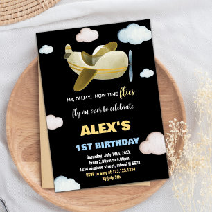 Black Yellow Orange Airplane Birthday Invitations
