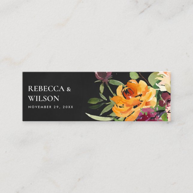 BLACK YELLOW ORANGE FLORA BUNCH WEDDING THANK YOU MINI BUSINESS CARD (Front)