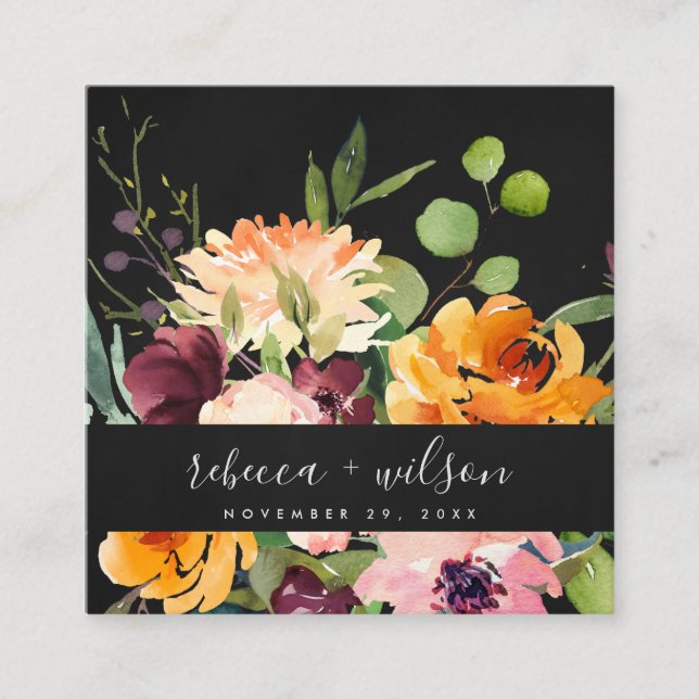 BLACK YELLOW ORANGE FLORA BUNCH WEDDING THANK YOU SQUARE BUSINESS CARD (Front)
