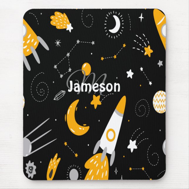 Black Yellow Outer Space Galaxy Rocket Mouse Pad (Front)