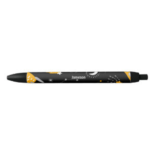 Black Yellow Outer Space Stars Moon Rocket Pen
