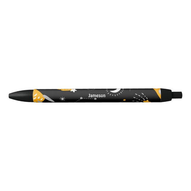 Black Yellow Outer Space Stars Moon Rocket Pen (Front)