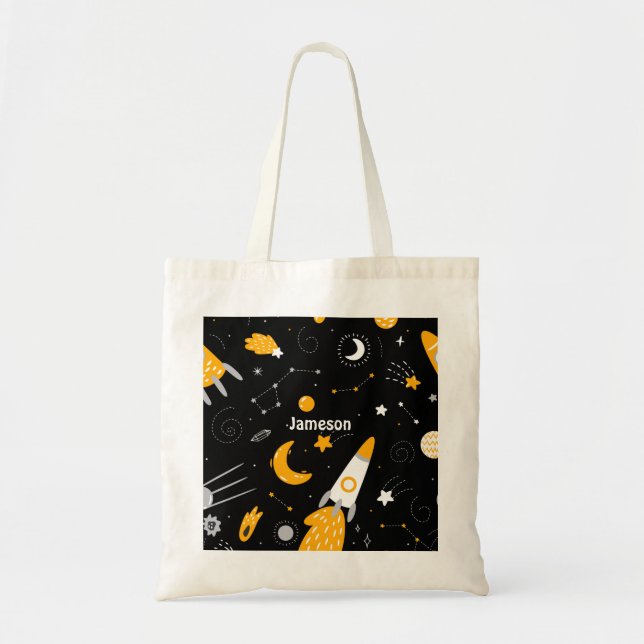 Black Yellow Outer Space Stars Moon Rocket Tote Bag (Front)