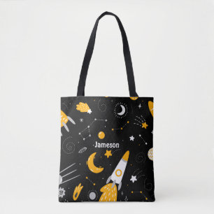 Black Yellow Outer Space Stars Rocket Tote Bag